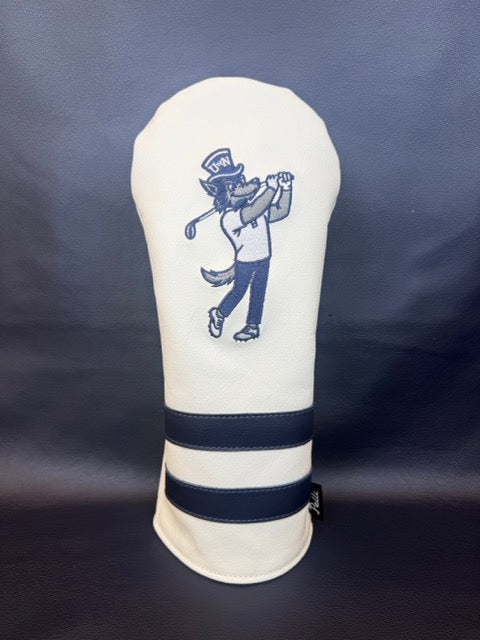 White leather driver cover with an embroidered golfing wolf mascot and navy stripes